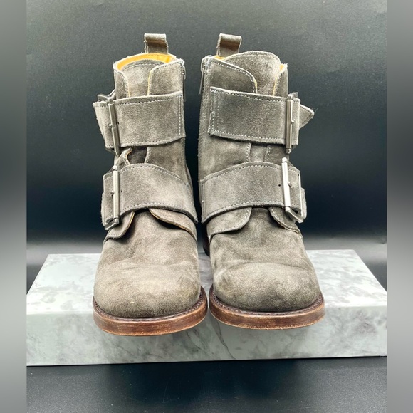 FRYE Sabrina Double Buckle Ankle Boots in Grey -Charcoal Suede Leather.Size 10 M - Picture 3 of 14